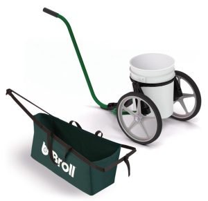 Self leveling bucket cart with a white bucket attached to it that has a long green handle.